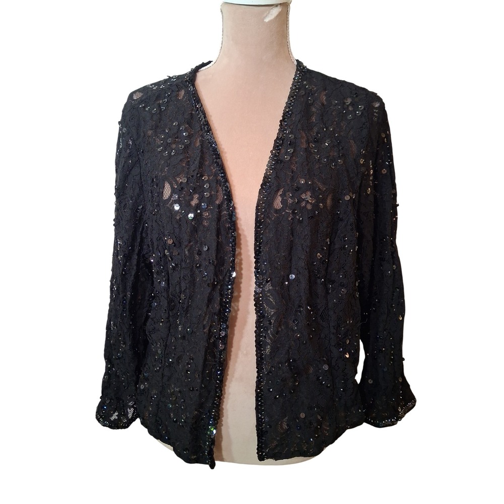 Vintage Black Floral Lace Sequin Open Front Shrug Cardigan Jacket Womens 18